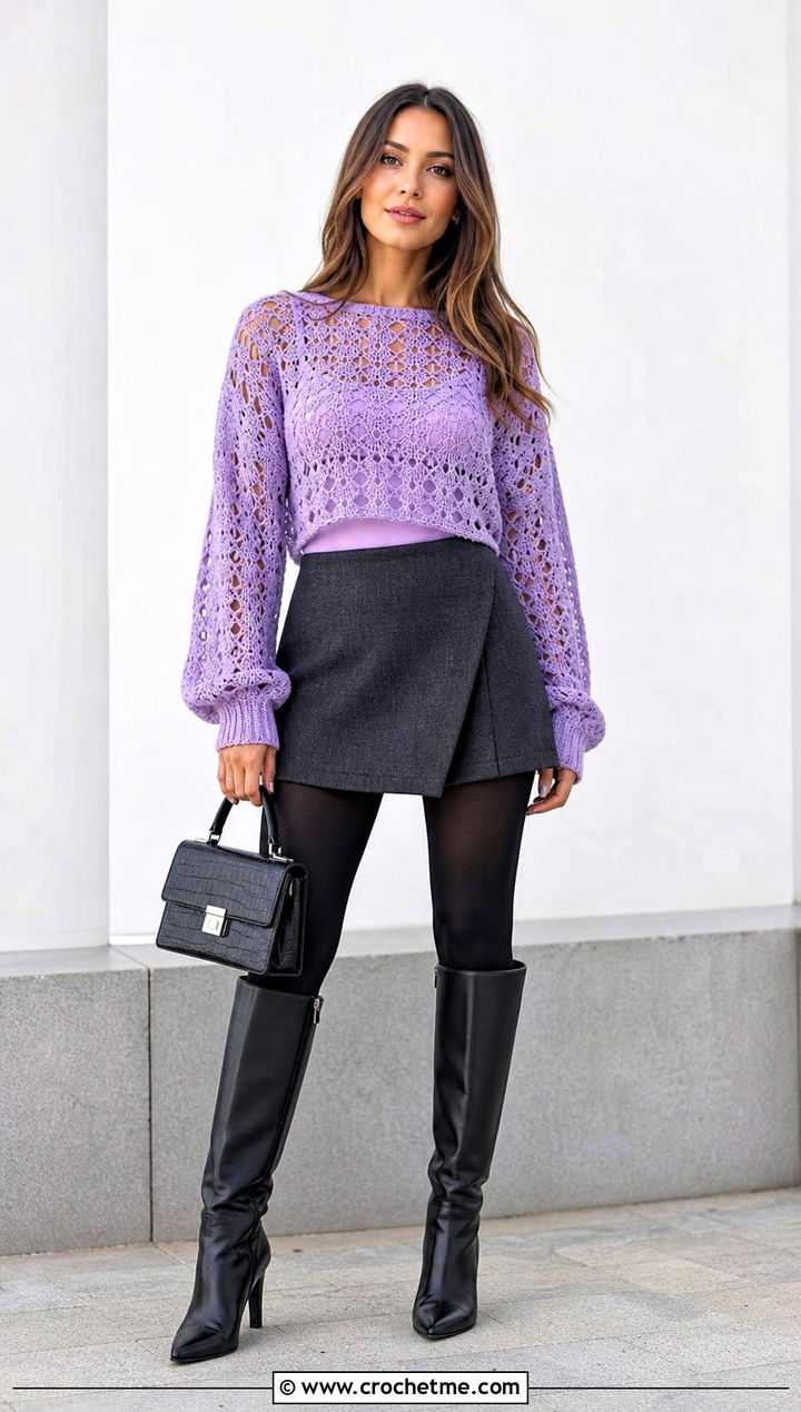 Lace Stitch Cropped Crochet Pullover With A Mini Skirt - 15 Cropped Crochet Pullover outfit ideas