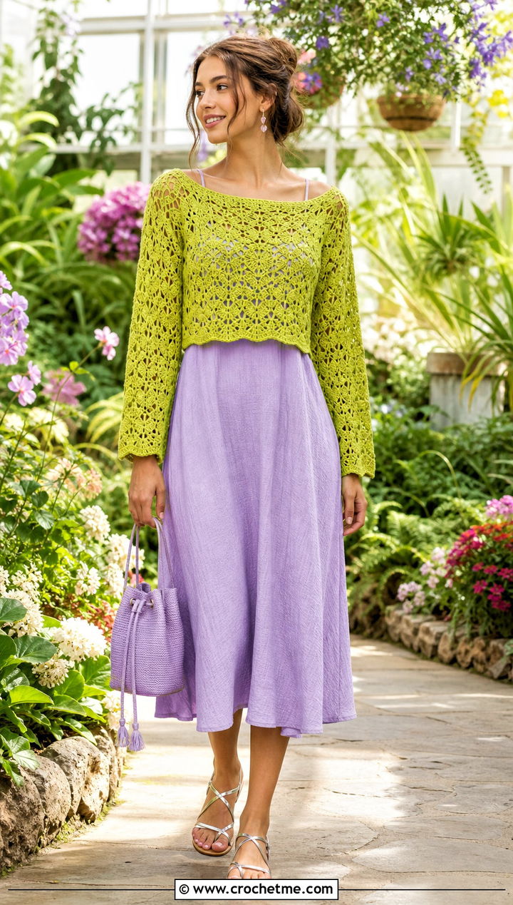 Lace Stitch Cropped Crochet Sweater Over Sundress - 35 cropped crochet sweater outfit ideas