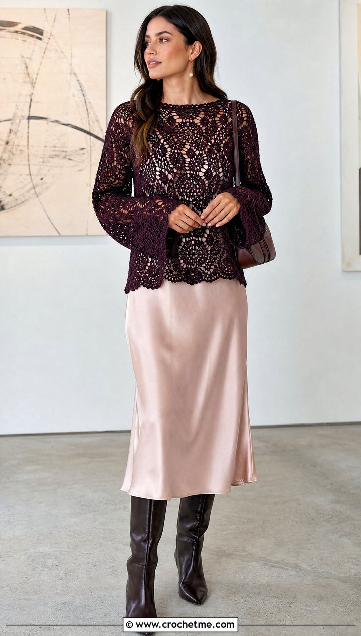 Lace Stitch Designer Crochet Sweater With Slip Dress - 15 Designer Crochet Sweater outfit ideas
