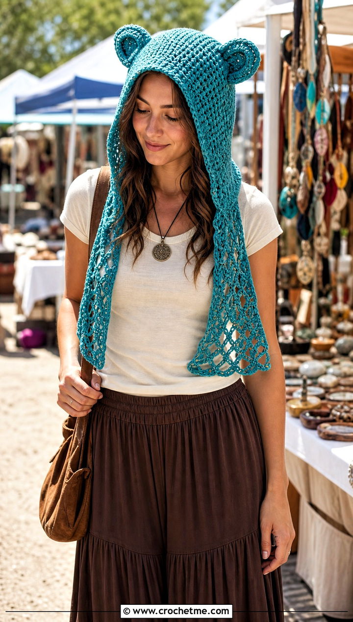 Lace Stitch Finn Crochet Hood With Maxi Skirt And Boots - 15 Adventure Time Crochet Fin Hat outfit ideas