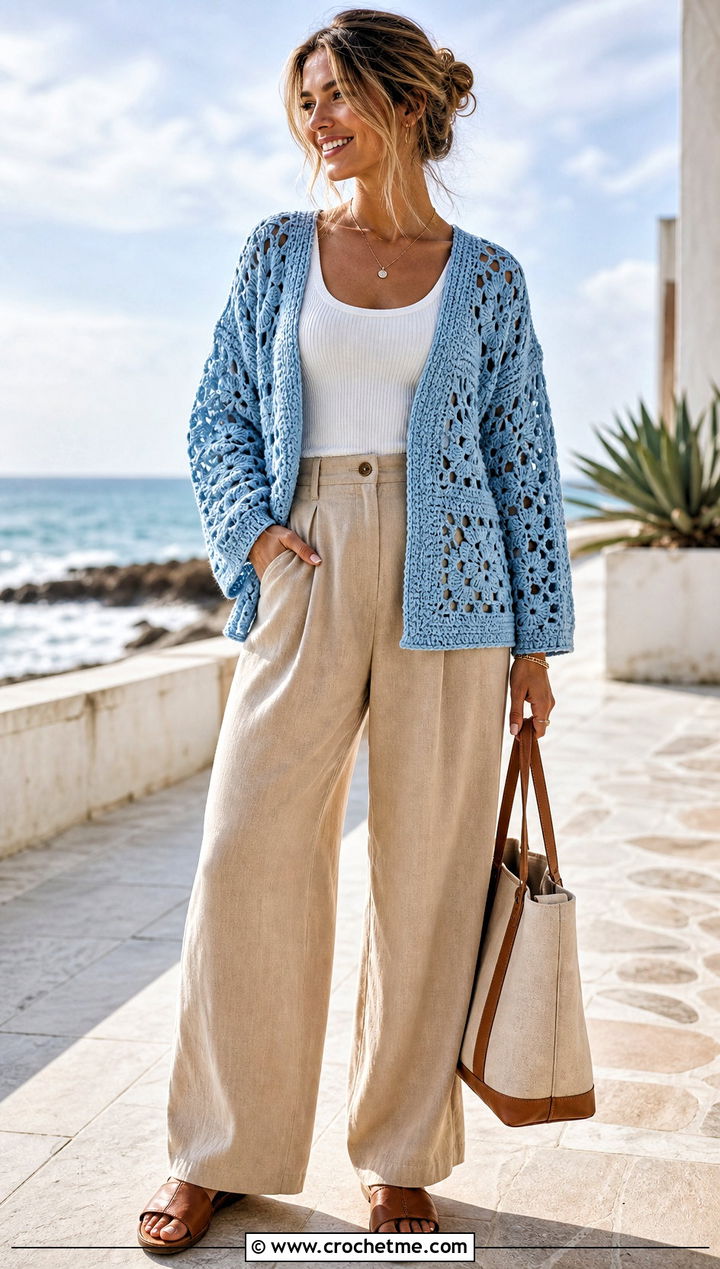 Lace Stitch Giant Granny Square Cardigan With Linen Pants - 35 giant granny square cardigan outfit ideas