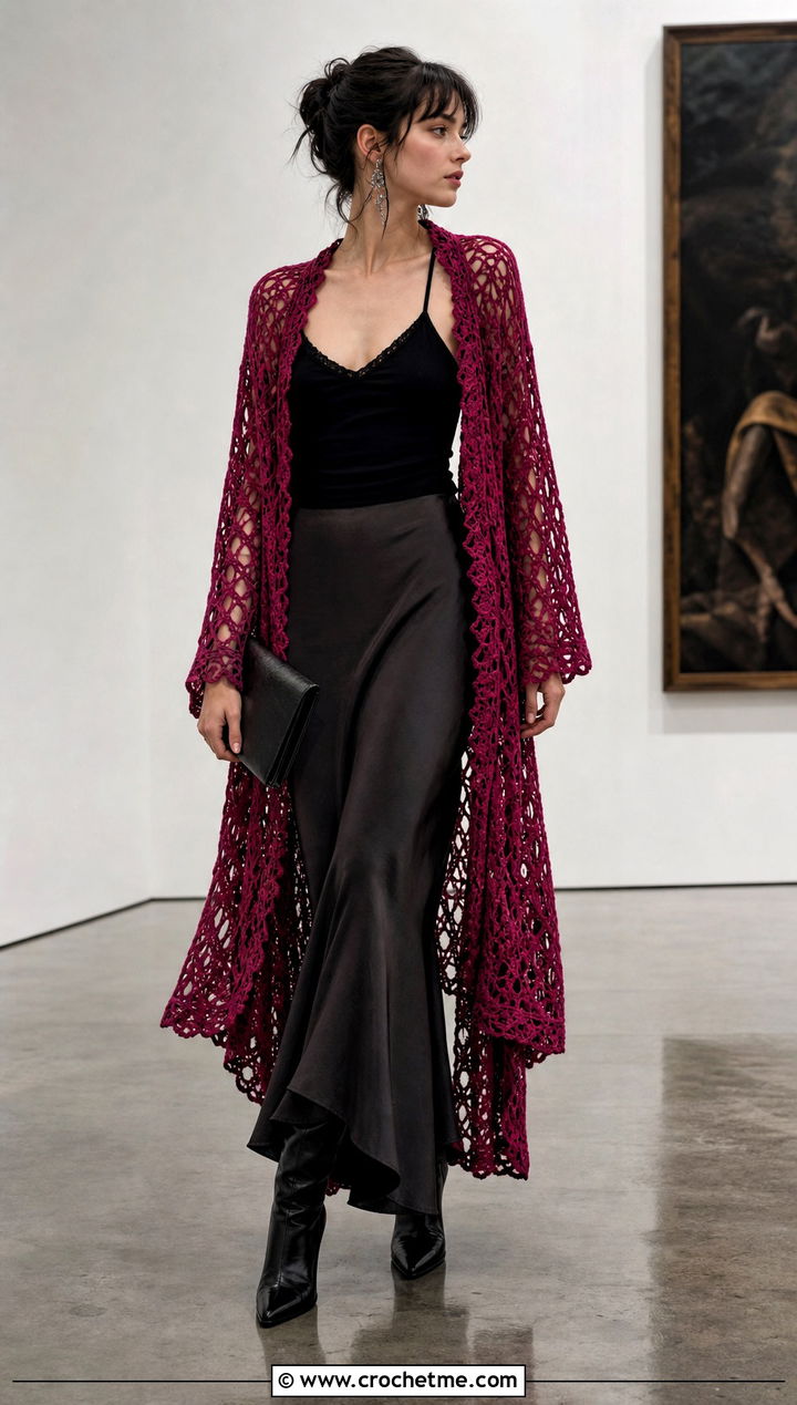 Lace Stitch Goth Crochet Cardigan With Satin Skirt - 15 goth crochet cardigan outfit ideas