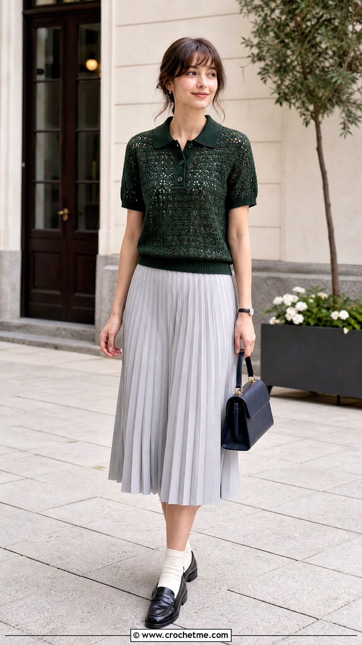 Lace Stitch Green Polo Sweater With Pleated Midi Skirt - 35 green crochet sweater outfit ideas