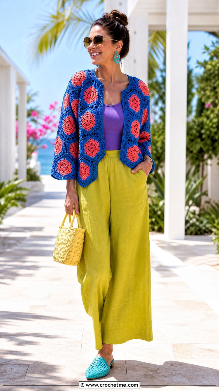 Lace Stitch Hexagon Cardigan With Linen Trousers - 35 crochet hexagon cardigan outfit ideas
