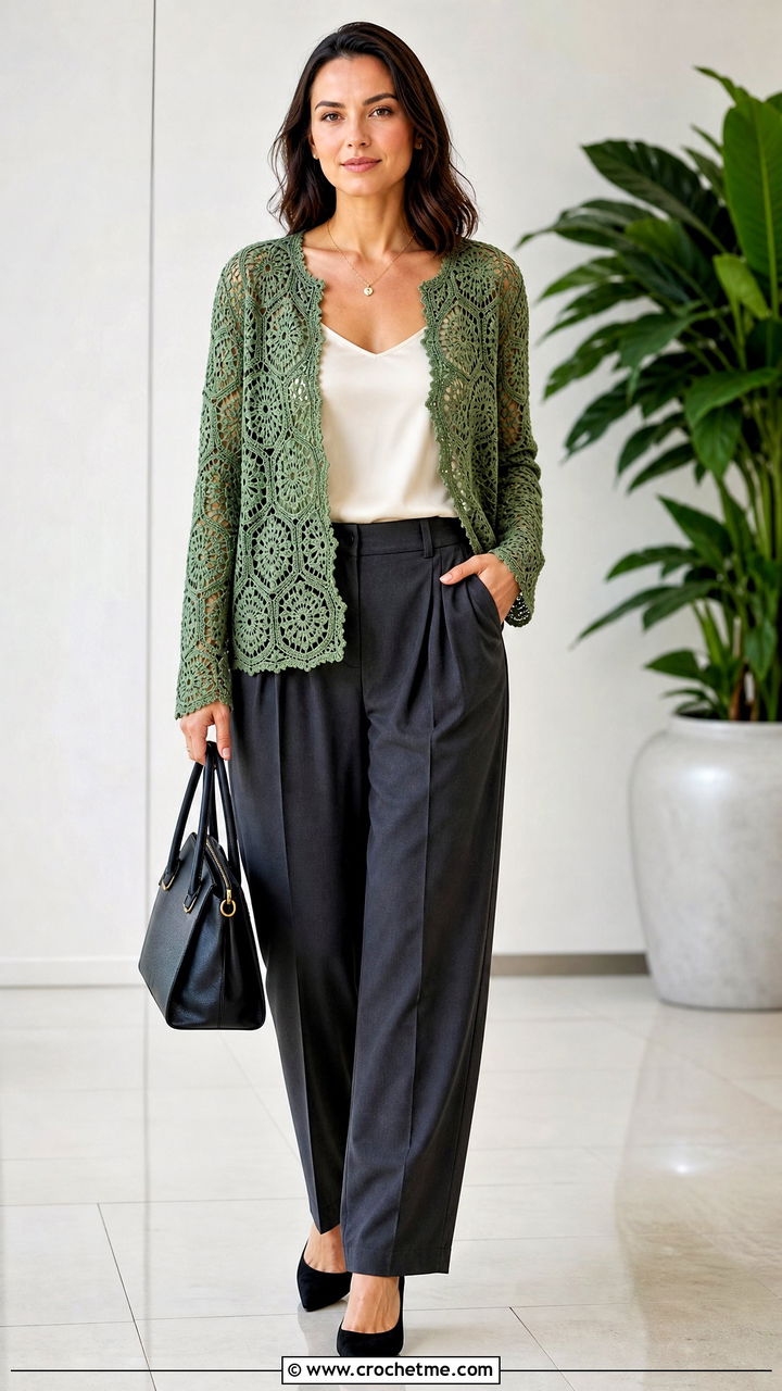 Lace Stitch Hexagon Granny Square Cardigan With Silk Camisole - 35 hexagon granny square cardigan outfit ideas