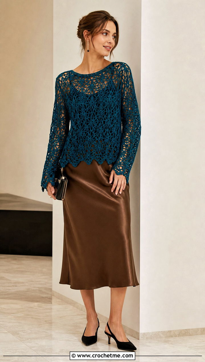 Lace Stitch Hollow Out Crochet Sweater With Satin Slip Skirt - 25 Hollow Out Crochet Sweater outfit ideas