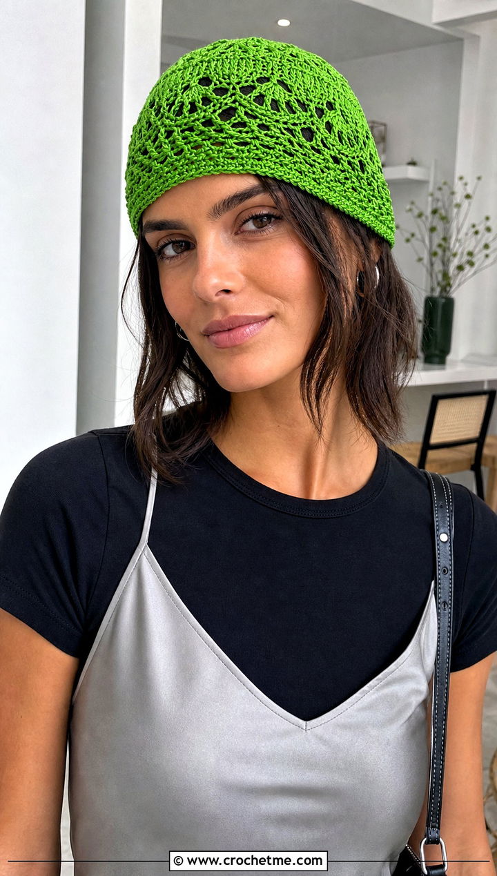 Lace Stitch Lightweight Crochet Beanie With Slip Dress - 15 Lightweight Crochet Beanie outfit ideas