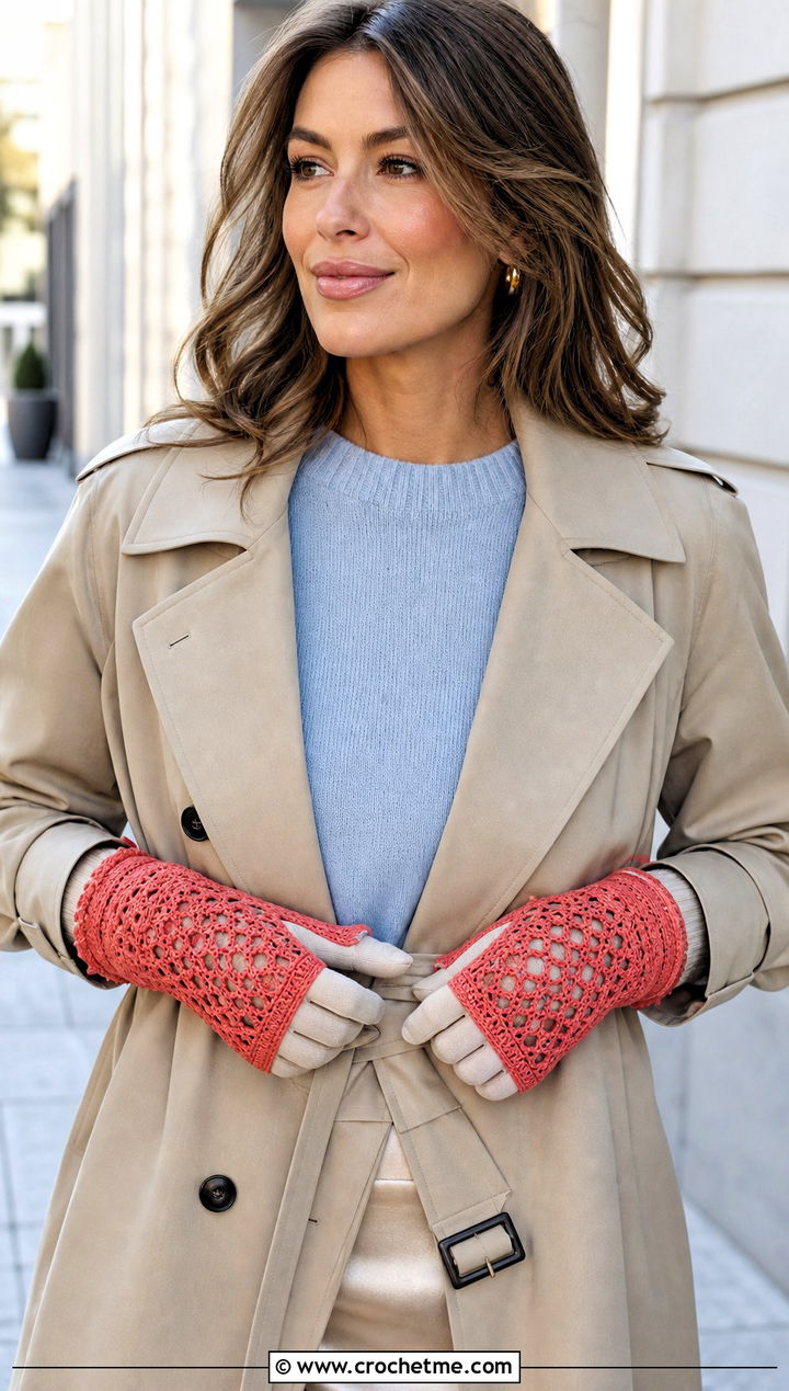Lace Stitch Long Cuff Tabi Crochet Mittens With Trench Coat And Satin Skirt - 25 Tabi Crochet Mittens outfit ideas