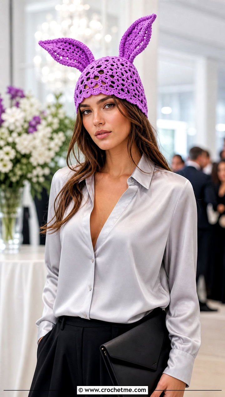 Lace Stitch Louise Crochet Bunny Ear Hat With Satin Blouse And Palazzo Pants - 25 Louise Crochet Hat outfit ideas