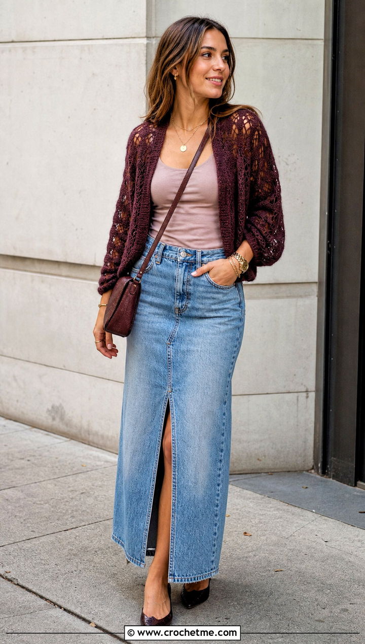 Lace Stitch Mohair Crochet Shrug With Denim Maxi Skirt - 25 mohair crochet shrug outfit ideas
