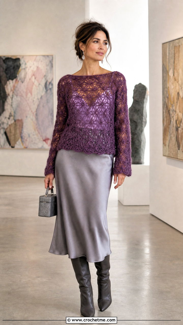 Lace Stitch Mohair Crochet Sweater With Bias Cut Skirt - 35 mohair crochet sweater outfit ideas
