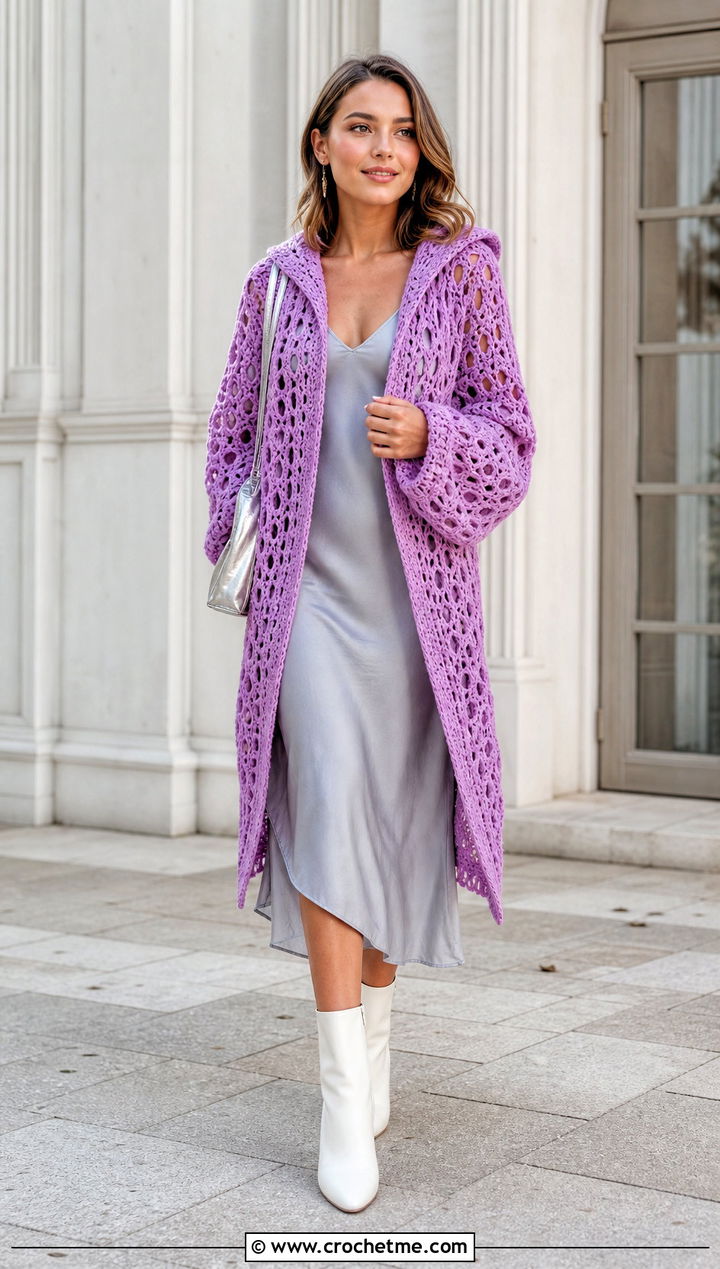 Lace Stitch Oversized Crochet Hoodie With Slip Dress - 20 oversized crochet hoodie outfit ideas