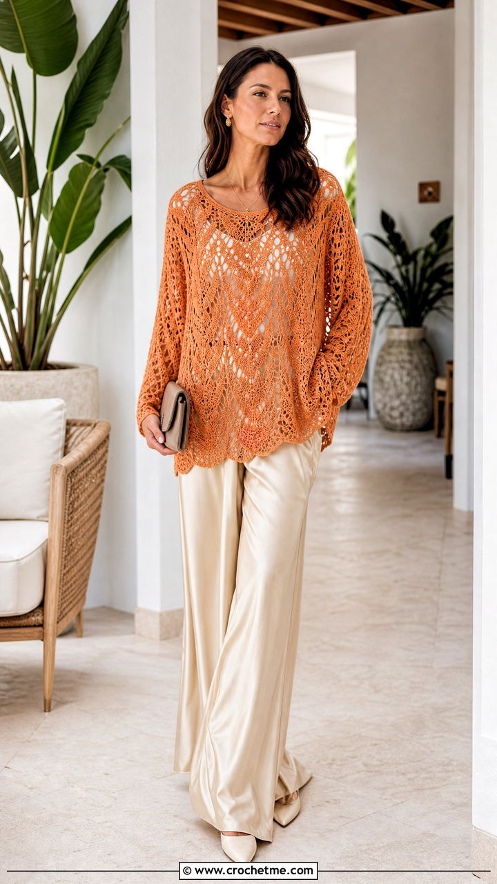 Lace Stitch Oversized Crochet Sweater With Silk Pants - 35 oversized crochet sweater outfit ideas
