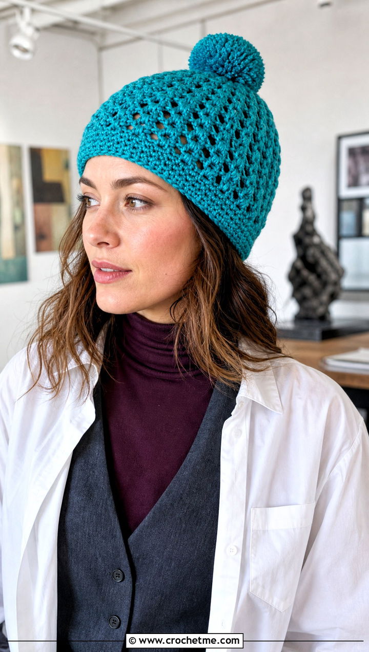 Lace Stitch Pom Pom Beanie With Layered Turtleneck - 30 crochet beanie with pom pom outfit ideas