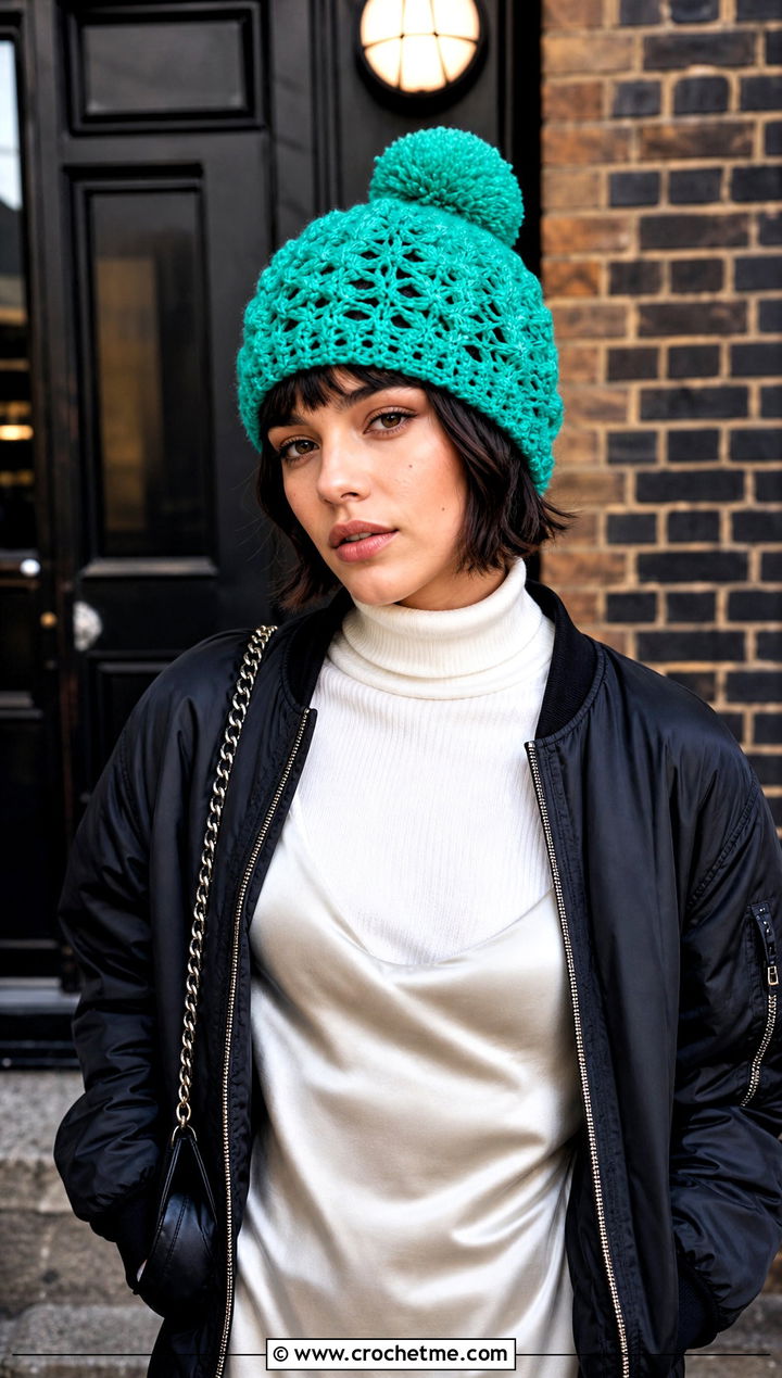 Lace Stitch Pom Pom Crochet Beanie With Bomber Jacket And Slip Dress - 30 crochet hat with pom pom outfit ideas