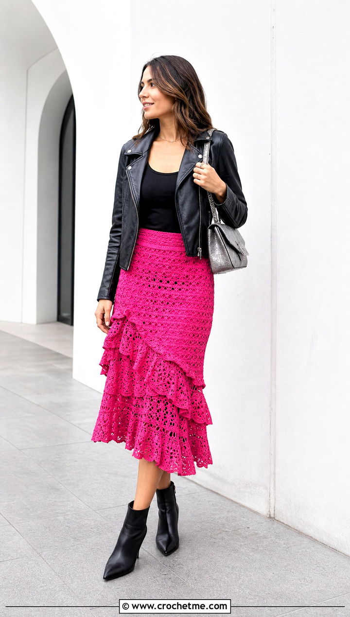 Lace Stitch Ruffle Crochet Midi Skirt With Leather Jacket - 35 crochet skirt with ruffles outfit ideas
