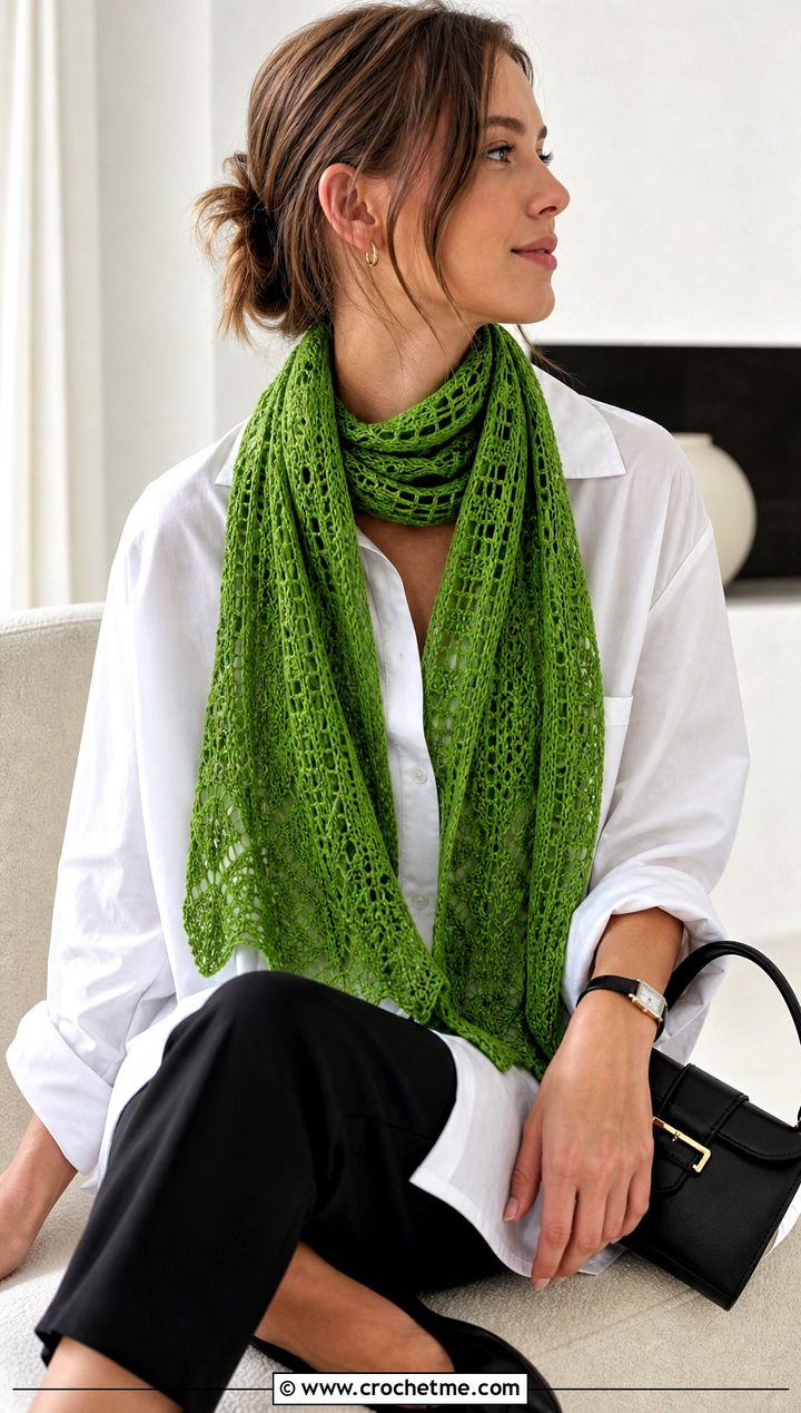 Lace Stitch Sampler Scarf With White Shirt - 20 Crochet Stitch Sampler Scarf outfit ideas