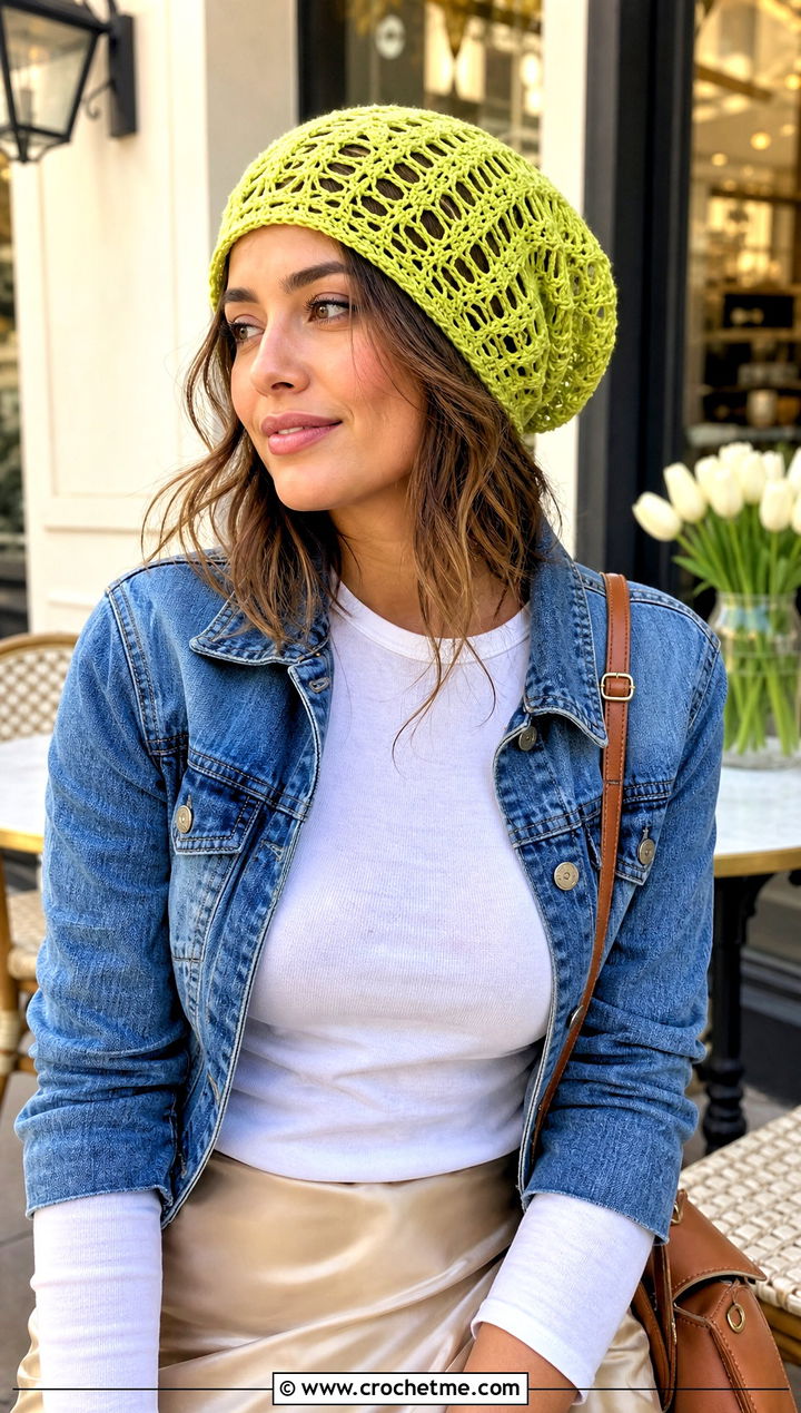Lace Stitch Slouchy Crochet Hat With Satin Slip Skirt - 15 Slouchy Crochet Hat outfit ideas