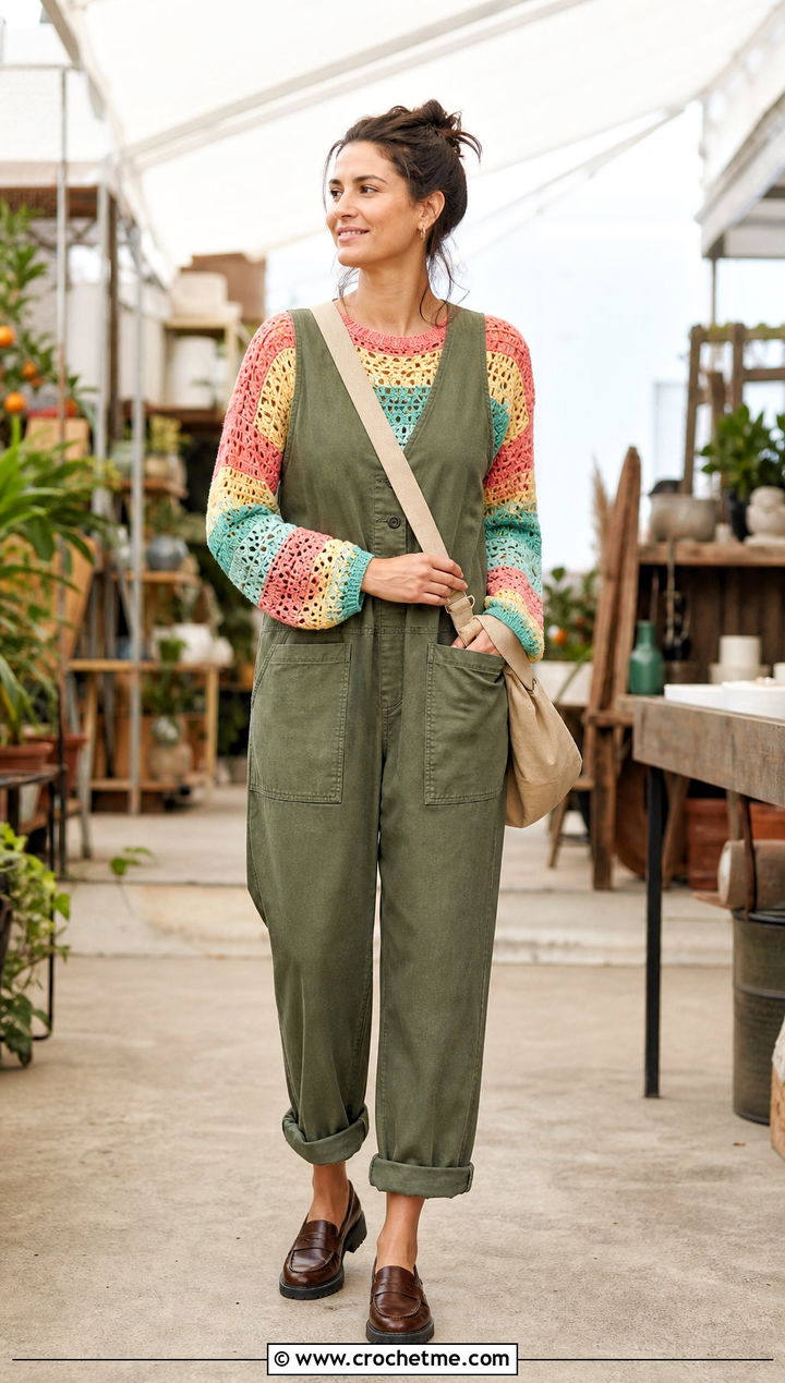 Lace Stitch Striped Crochet Sweater With Utility Jumpsuit - 30 striped crochet sweater outfit ideas