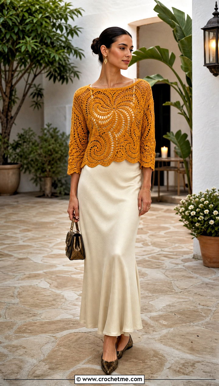 Lace Stitch Swirl Crochet Sweater With Bias Cut Maxi Skirt - 25 swirl crochet sweater outfit ideas