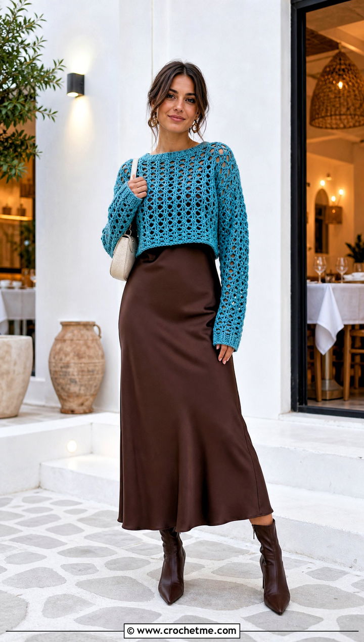 Lace Stitch Tunisian Crochet Pullover With Slip Dress - 25 Tunisian Crochet Pullover outfit ideas