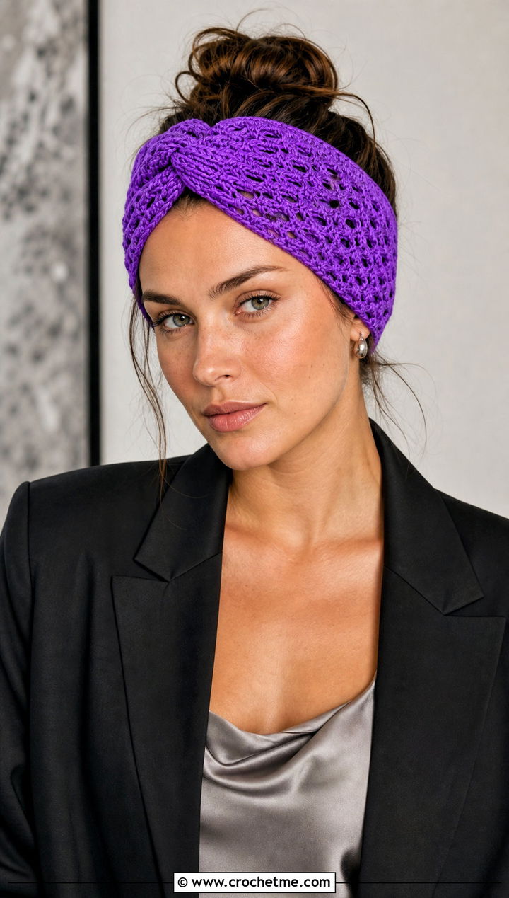 Lace Stitch Twisted Knot Crochet Headband With Blazer And Slip Dress - 15 Twisted Knot Crochet Headband outfit ideas