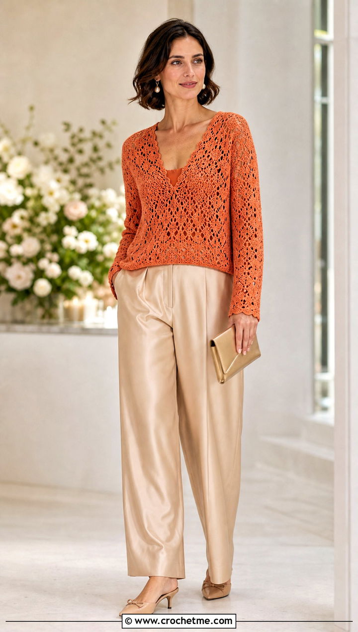 Lace Stitch V Neck Crochet Sweater With Silk Trousers - 35 v neck crochet sweater outfit ideas