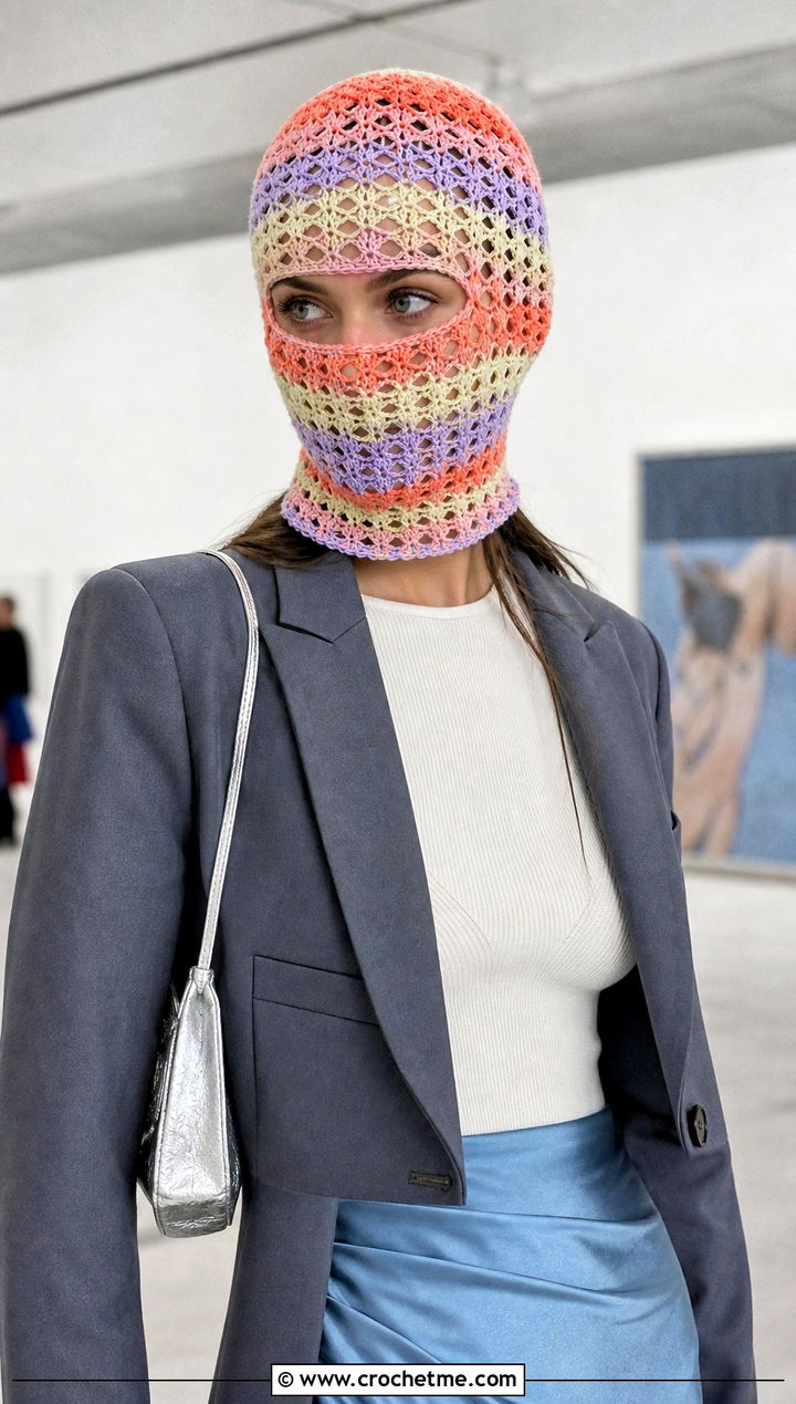 Lace Stripe Crochet Balaclava With Satin Skirt - 15 Striped Crochet Balaclava outfit ideas