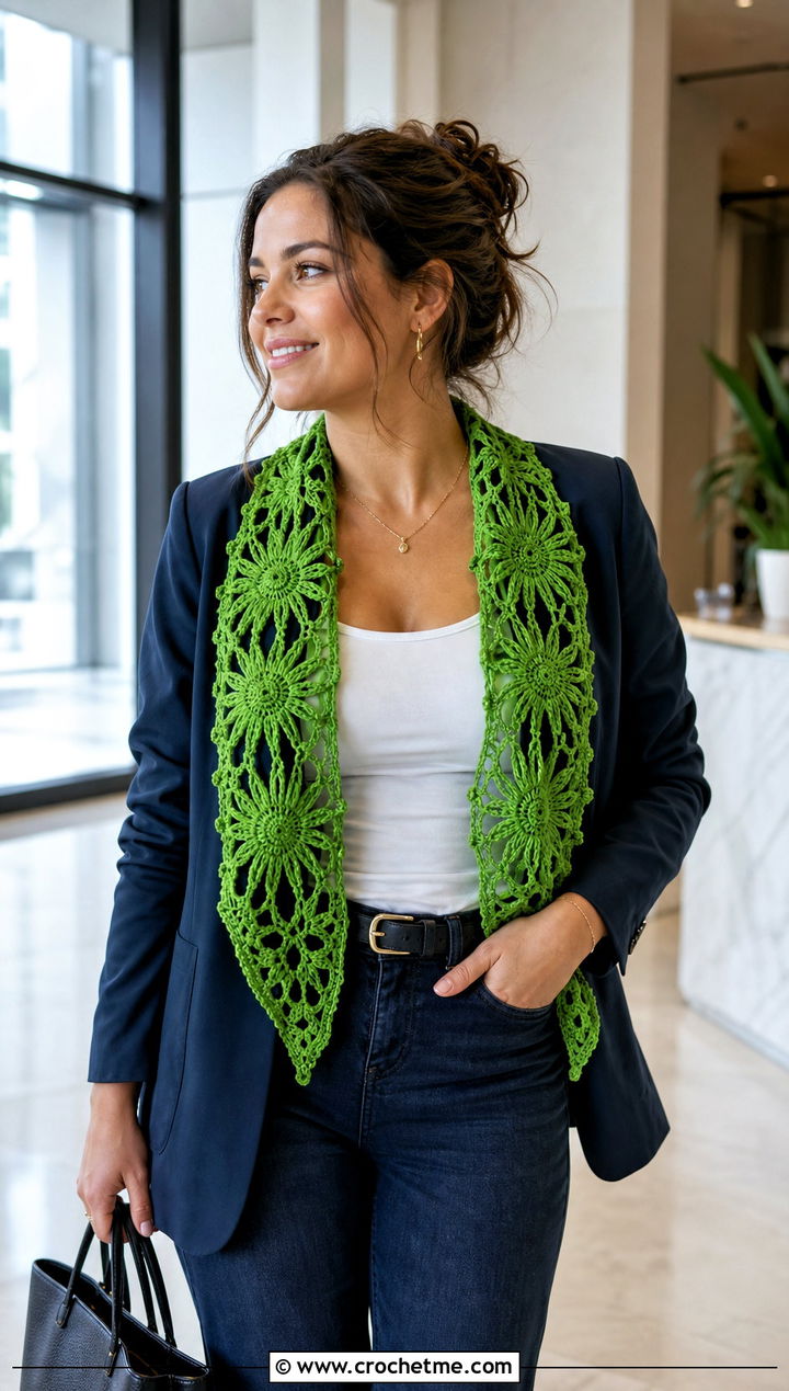 Lace Sunflower Crochet Shawl With Blazer And Jeans - 20 Sunflower Crochet Shawl outfit ideas