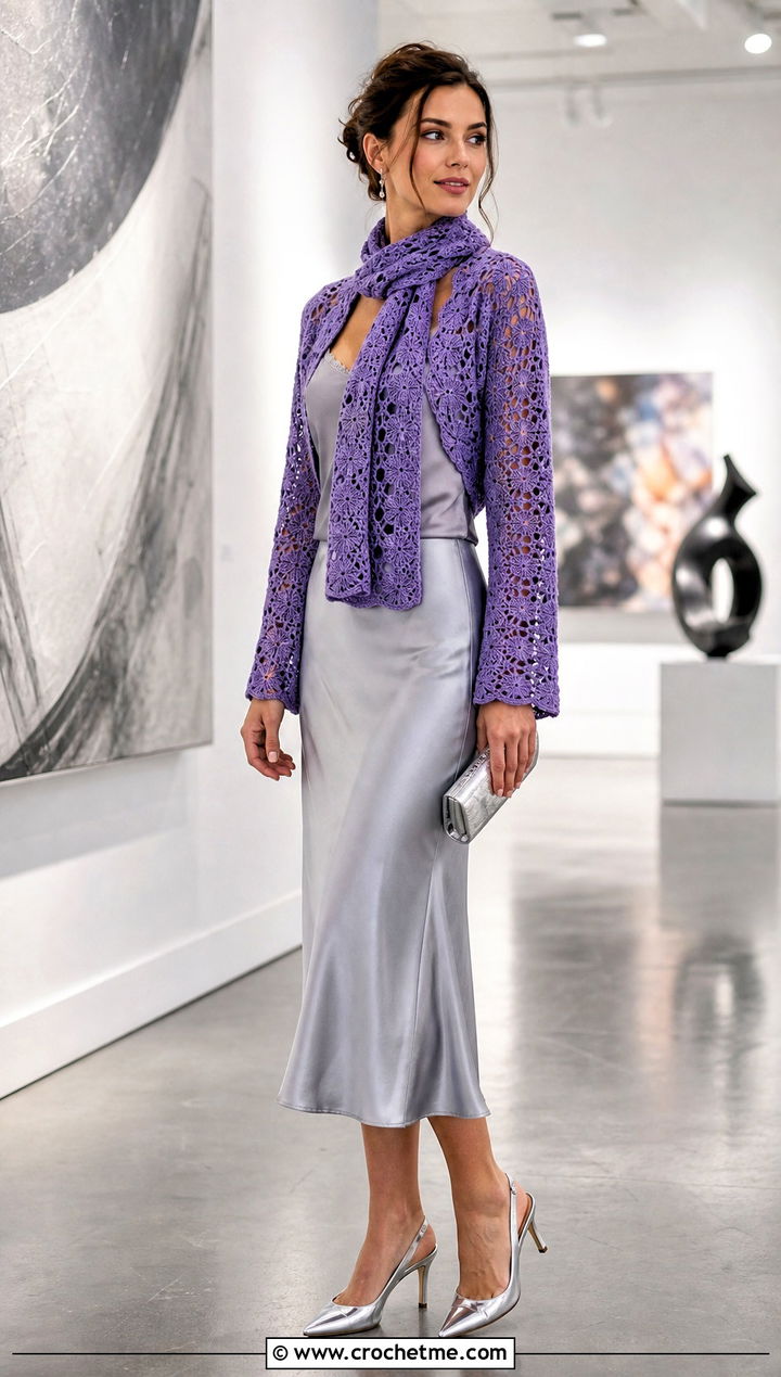 Lace Sweater Scarf With Satin Midi Skirt - 15 Crocheted Sweater Scarf With Sleeves outfit ideas