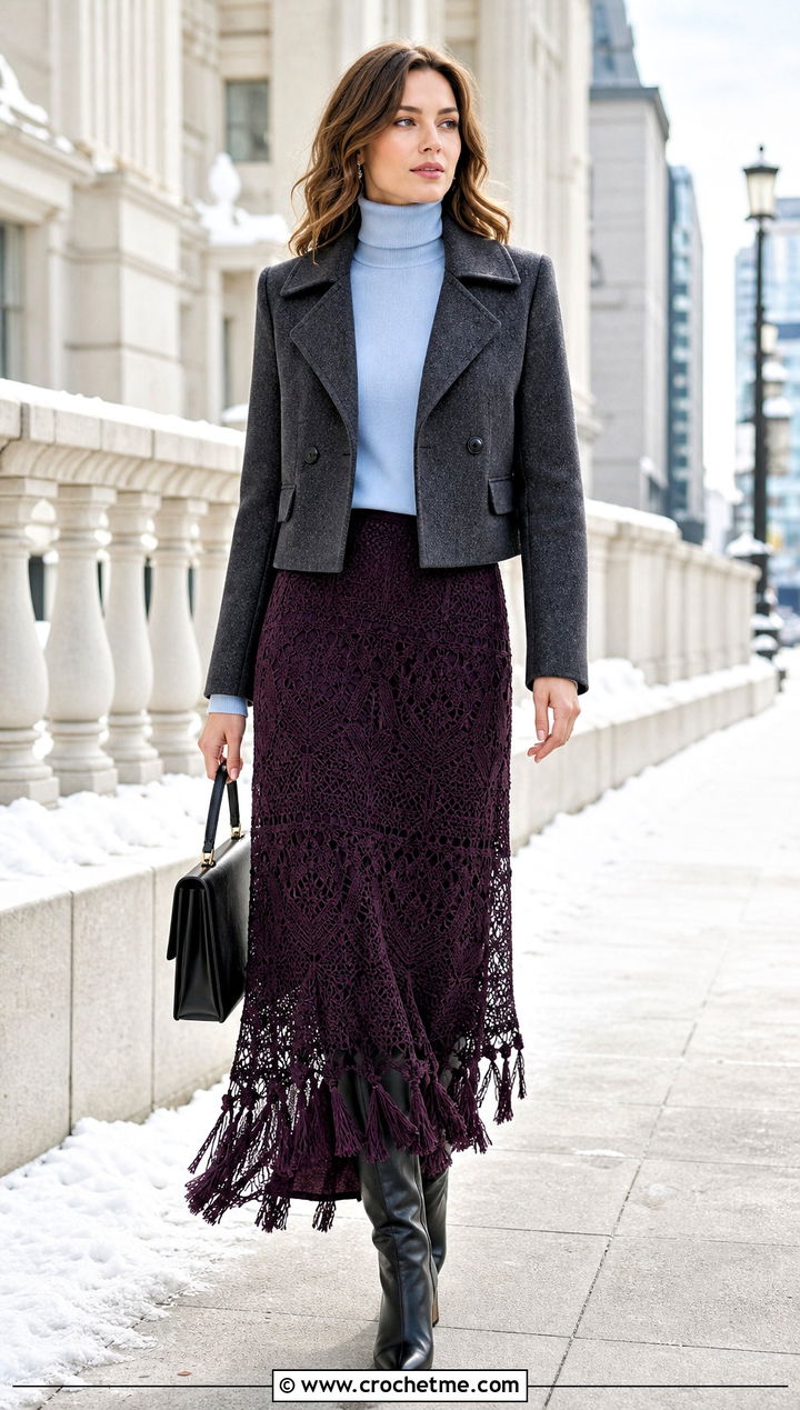 Lace Tassel Crochet Maxi Skirt With Turtleneck - 30 crochet skirt with tassels outfit ideas