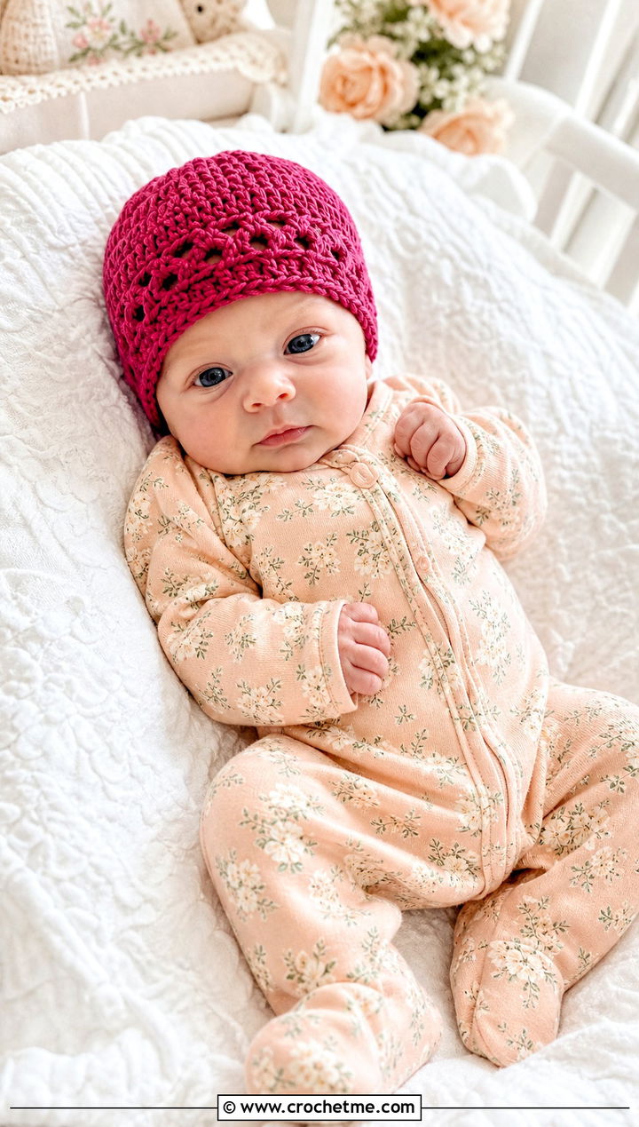 Lace Texture Crochet Beanie With Floral Footie - 25 premie crochet beanie outfit ideas