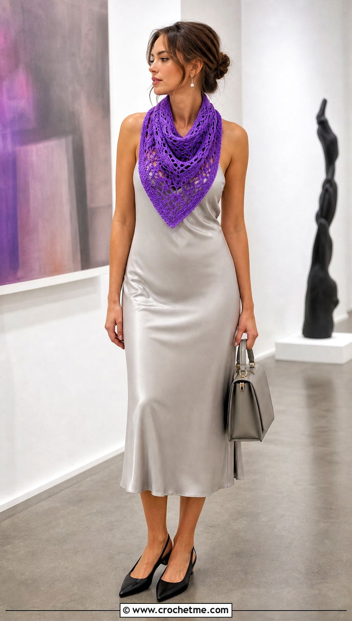 Lace Triangle Crochet Mini Scarf With Satin Slip Dress - 35 crochet mini scarf outfit ideas