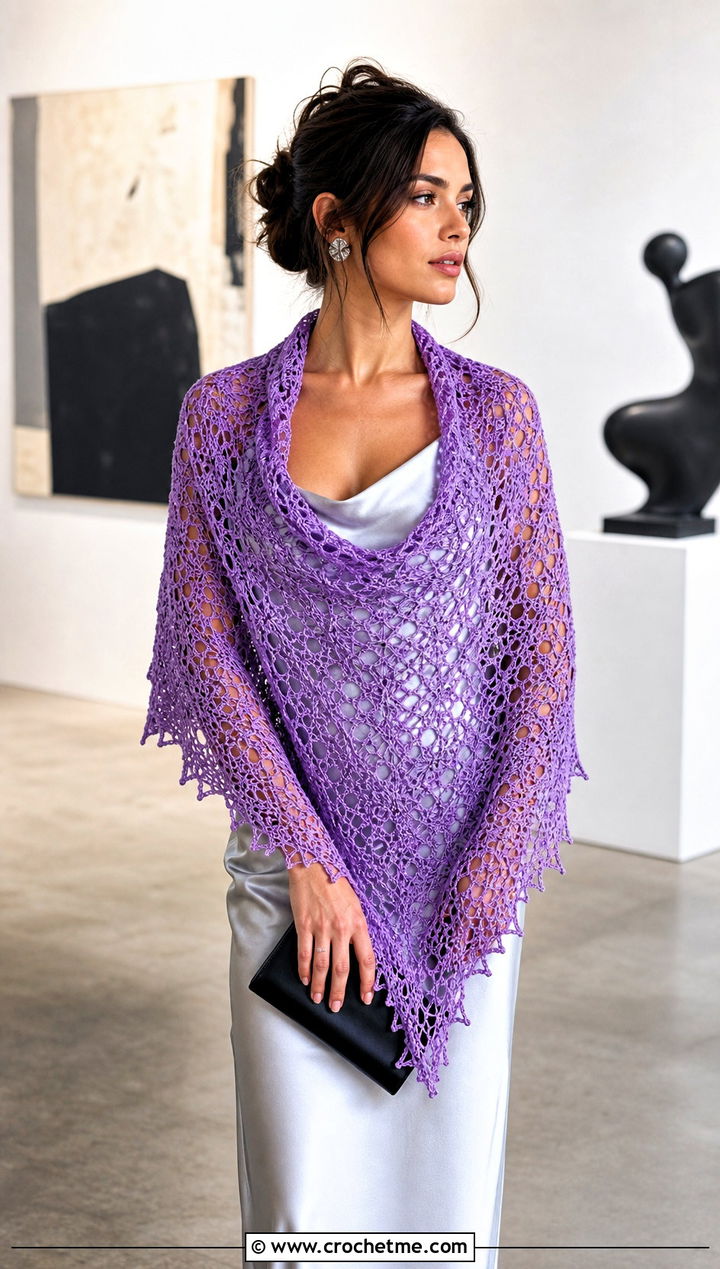 Lace Triangle Crochet Shawl With Satin Slip Dress - 35 triangle crochet shawl outfit ideas