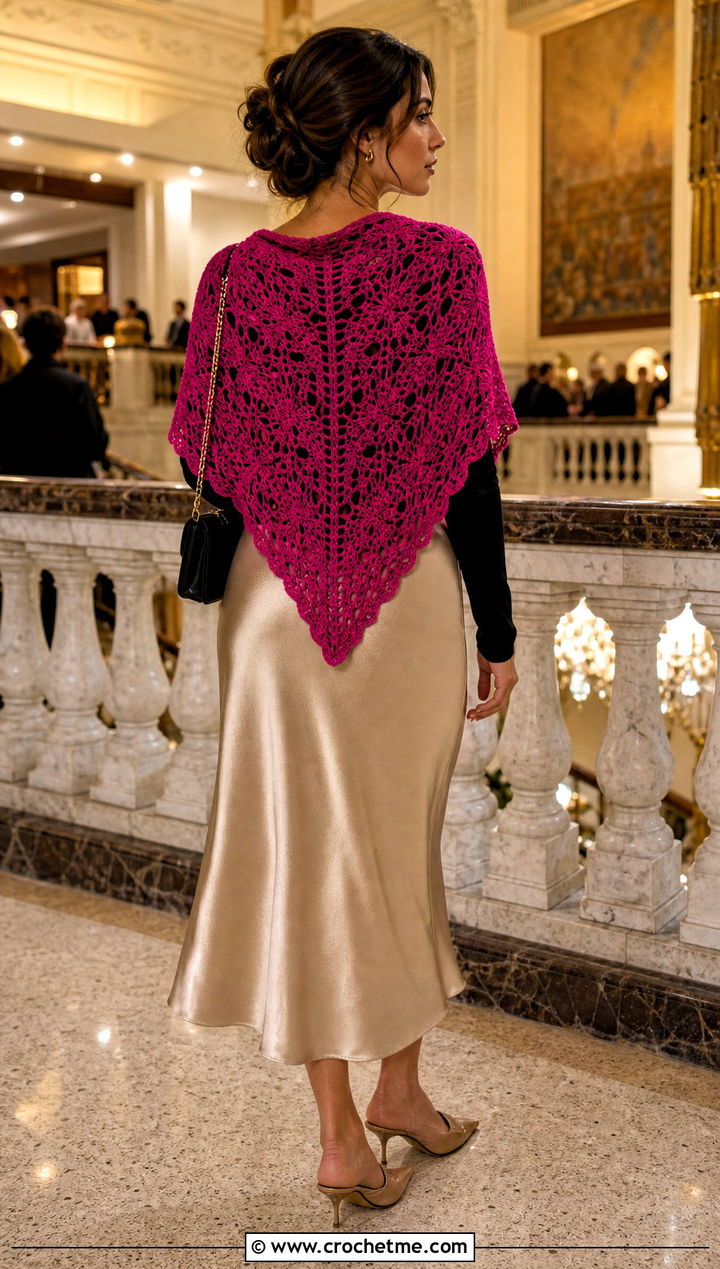 Lace Triangle Crochet Wrap Shawl With Bias Cut Skirt - 35 crochet wrap shawl outfit ideas