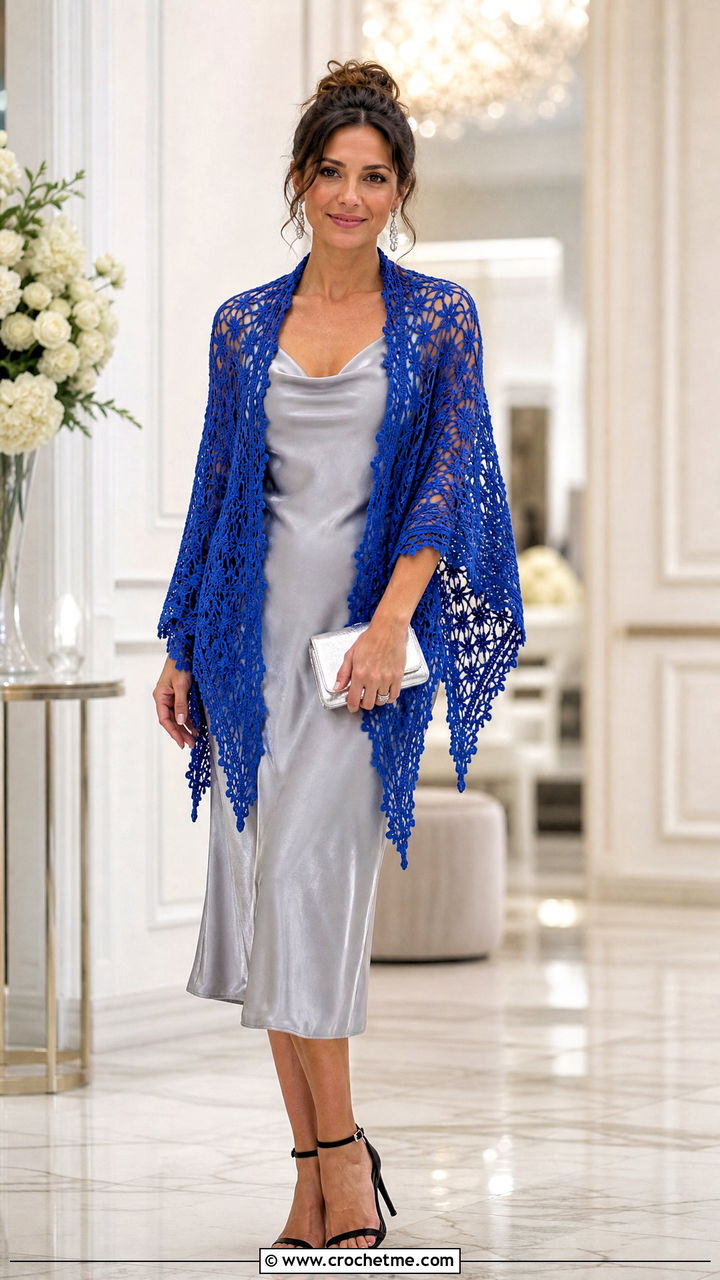 Lace Triangle Shawl With Satin Slip Dress - 35 crochet triangle shawl outfit ideas