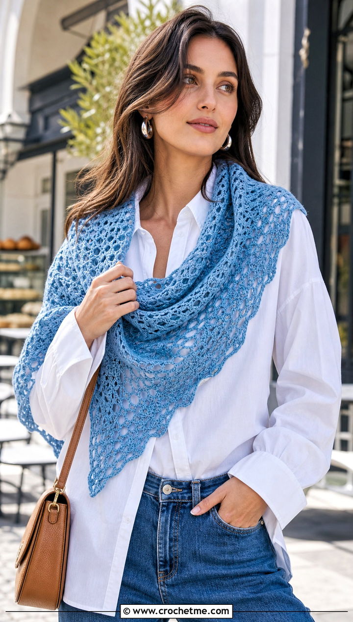 Lace Triangle Shawl With White Shirt And Jeans - 30 easy crochet triangle shawl outfit ideas