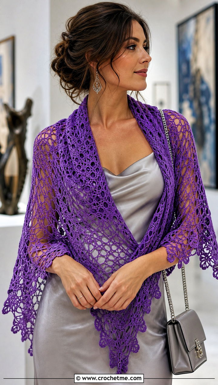 Lace Triangular Crochet Shawl With Slip Dress - 25 triangular crochet shawl outfit ideas