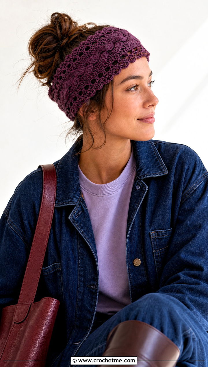 Lace Trim Cable Stitch Crochet Headband With Chore Jacket - 15 Cable Stitch Crochet Headband outfit ideas