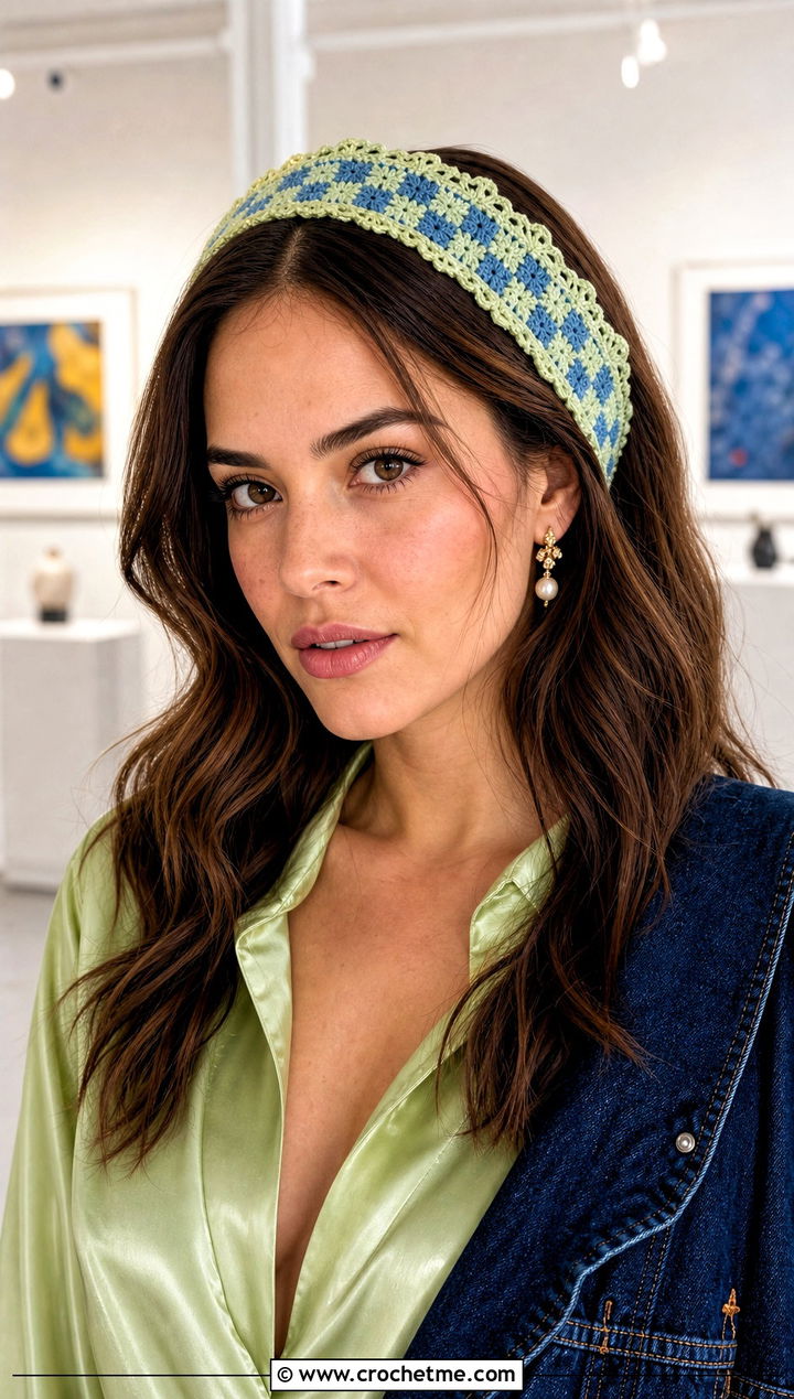 Lace Trim Crochet Checkered Headband With Satin Blouse And Jeans - 25 crochet checkered headband outfit ideas