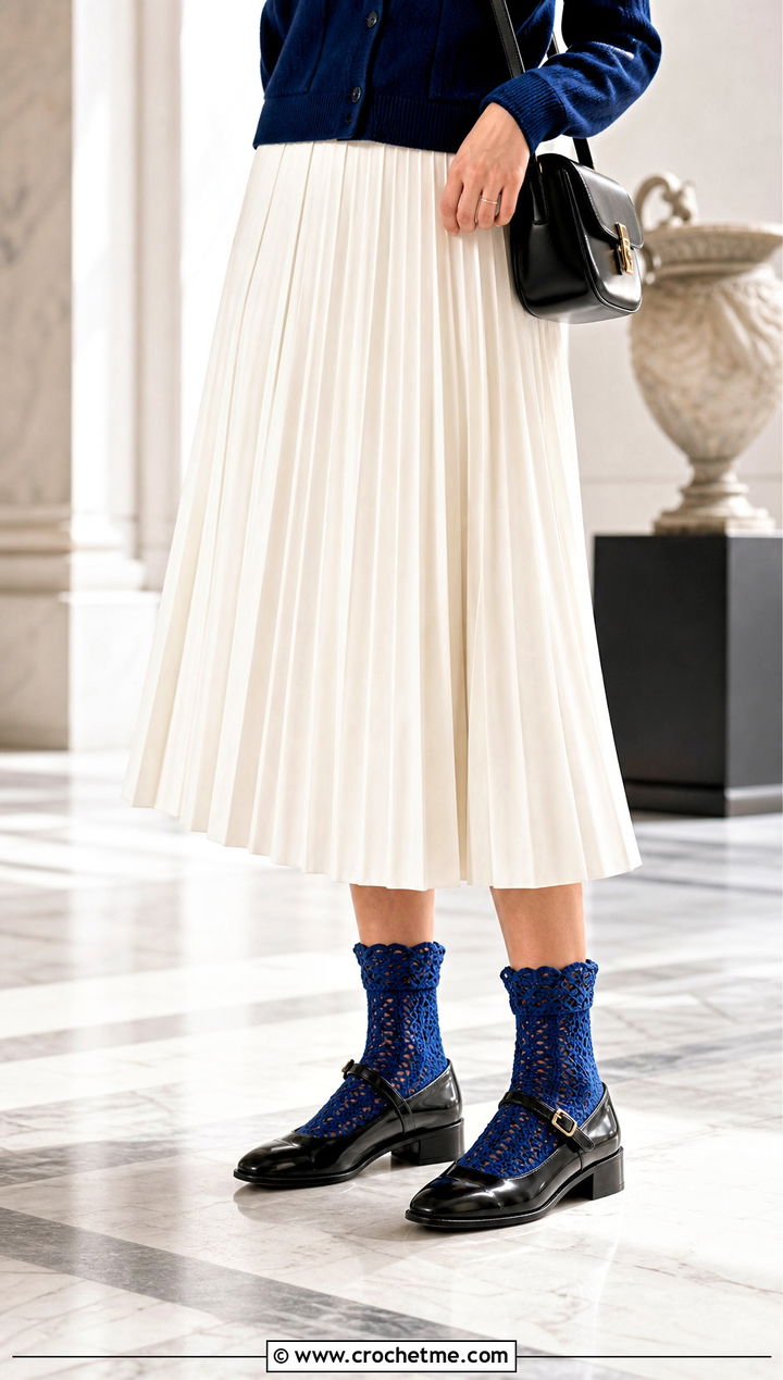 Lace Trim Crochet Crew Socks With Pleated Skirt - 35 easy crocheted socks outfit ideas