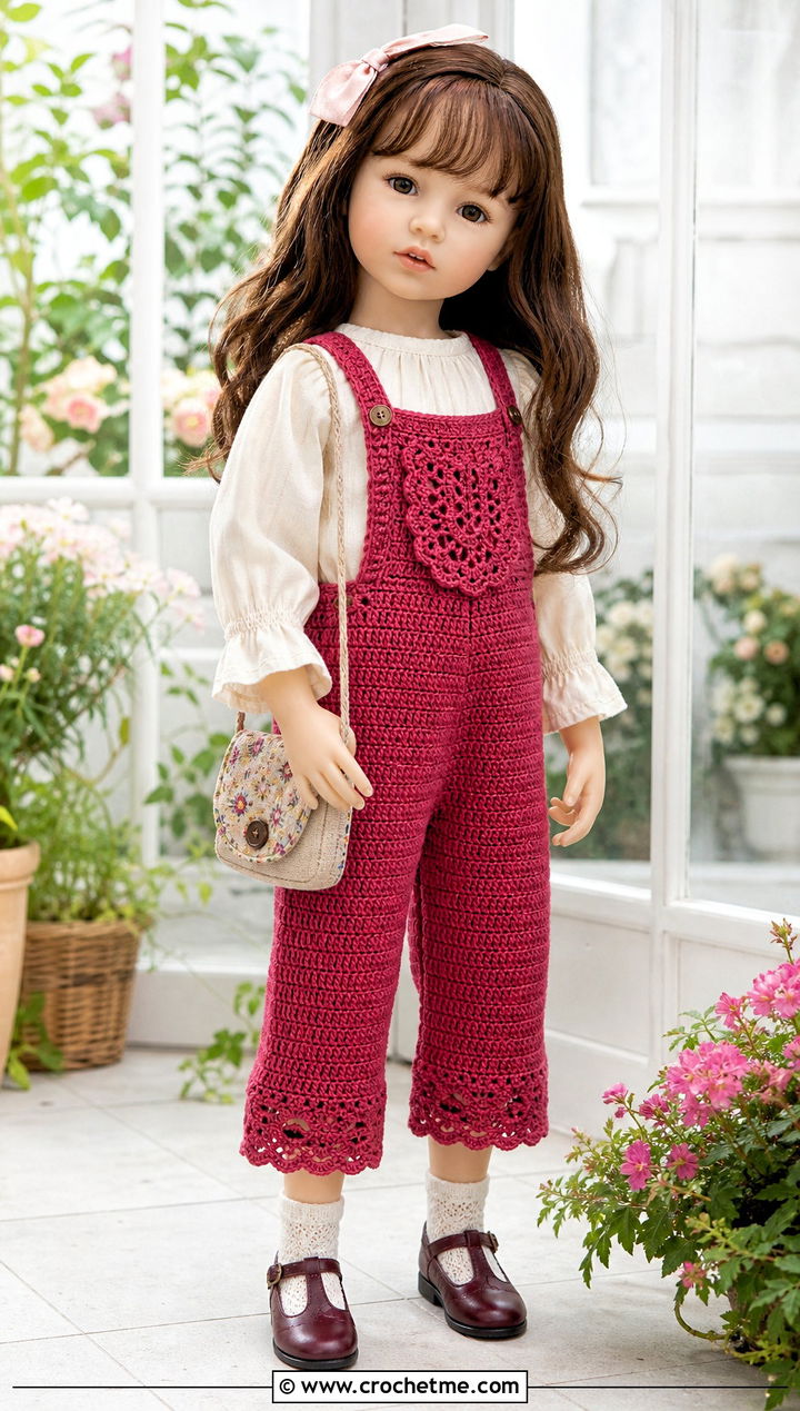 Lace Trim Crochet Doll Overalls With Cotton Blouse - 30 crochet doll overalls outfit ideas