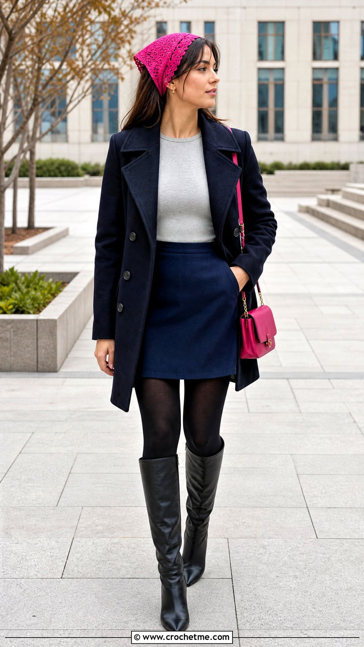 Lace Trim Crochet Hair Scarf With Peacoat And Mini Skirt - 35 crochet hair scarf outfit ideas