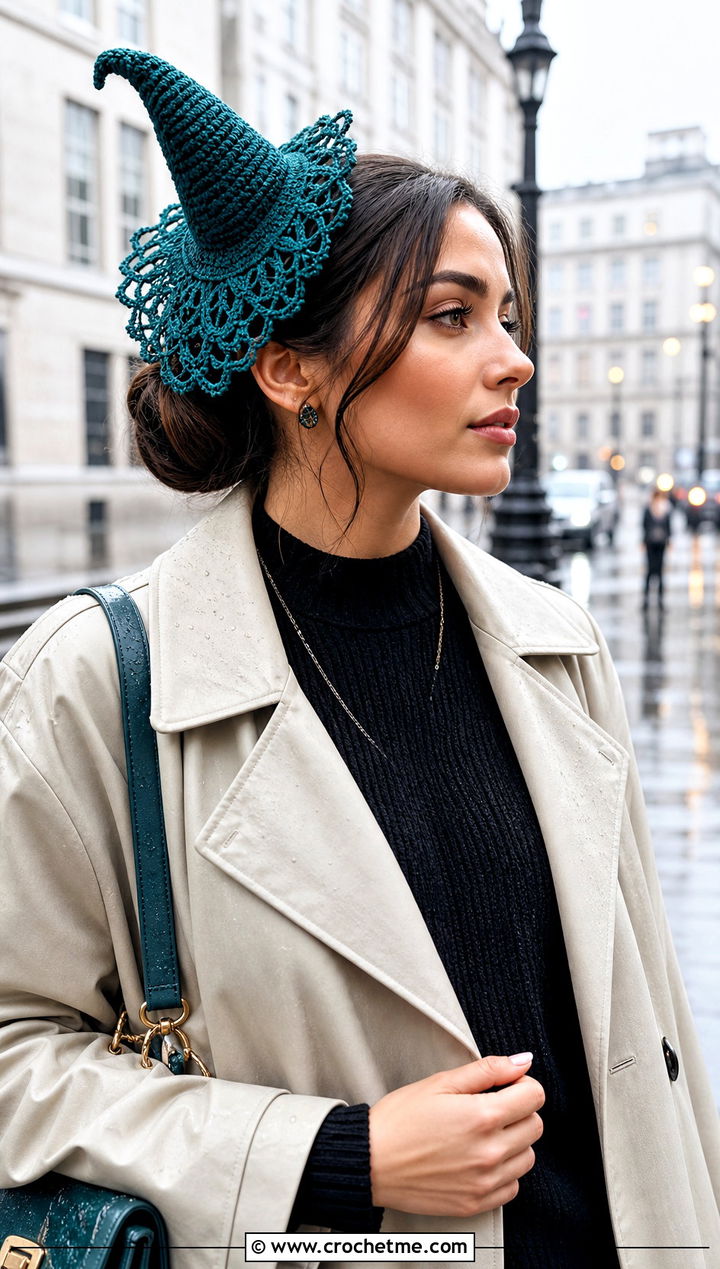 Lace Trim Crochet Mini Witch Hat With Trench Coat - 25 Crochet Mini Witch Hat outfit ideas