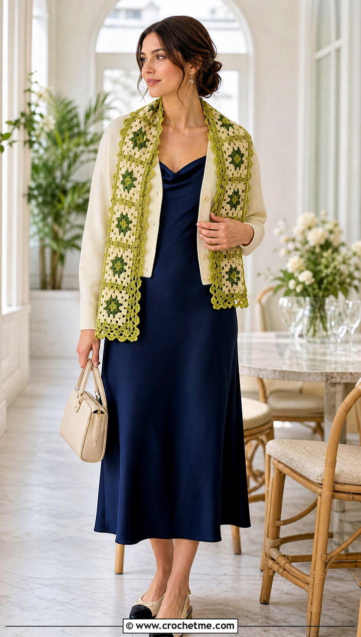 Lace Trim Granny Square Scarf With Slip Dress and Cardigan - 25 granny square scarves outfit ideas