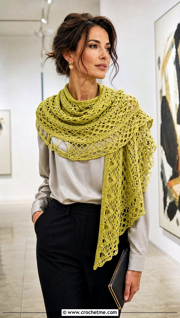 Lace Tunisian Crochet Scarf With Satin Blouse and Tailored Pants - 20 Easy Tunisian Crochet Scarf outfit ideas