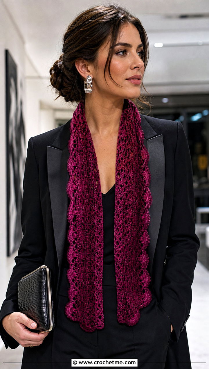 Lace Two Tone Crochet Scarf With Evening Suit - 25 two tone crochet scarf outfit ideas