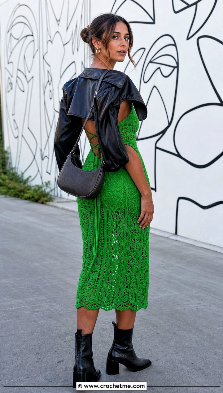 Lace Up Back Crochet Milkmaid Dress With Leather Jacket - 30 crochet milkmaid dress outfit ideas