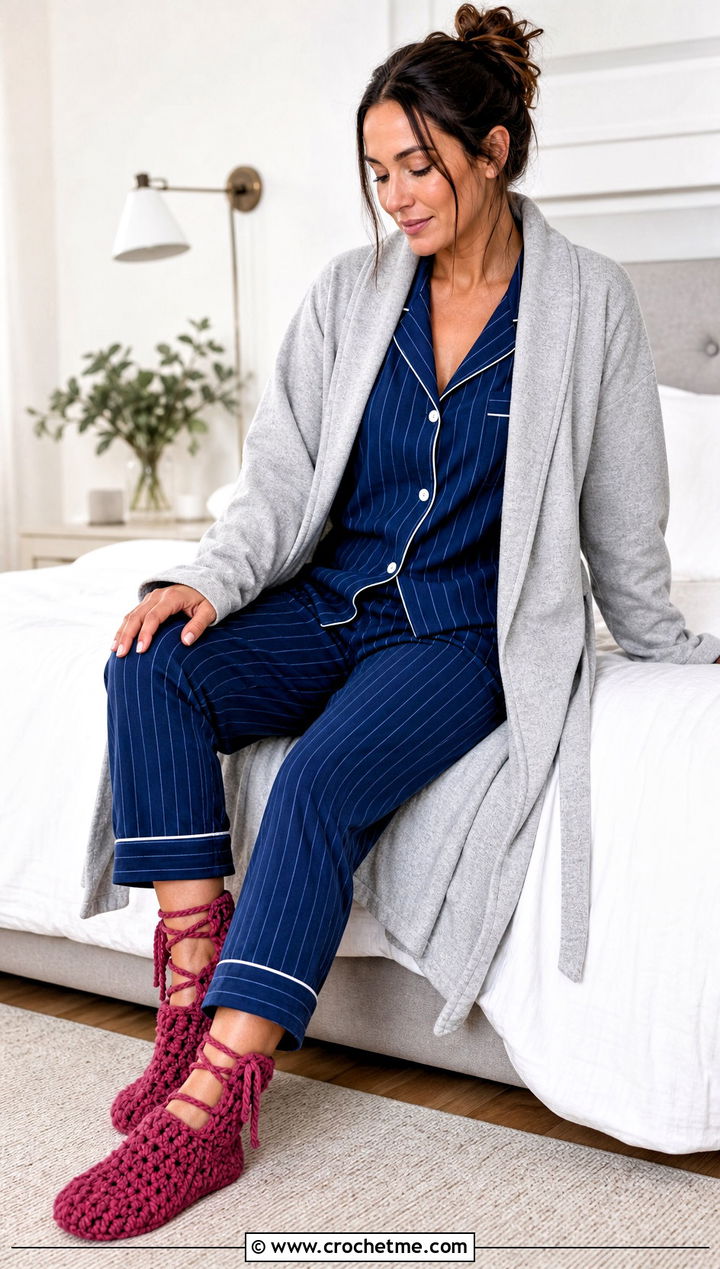 Lace Up Chunky Crochet Slipper Socks With Pajama Set - 25 Chunky Crochet Socks outfit ideas