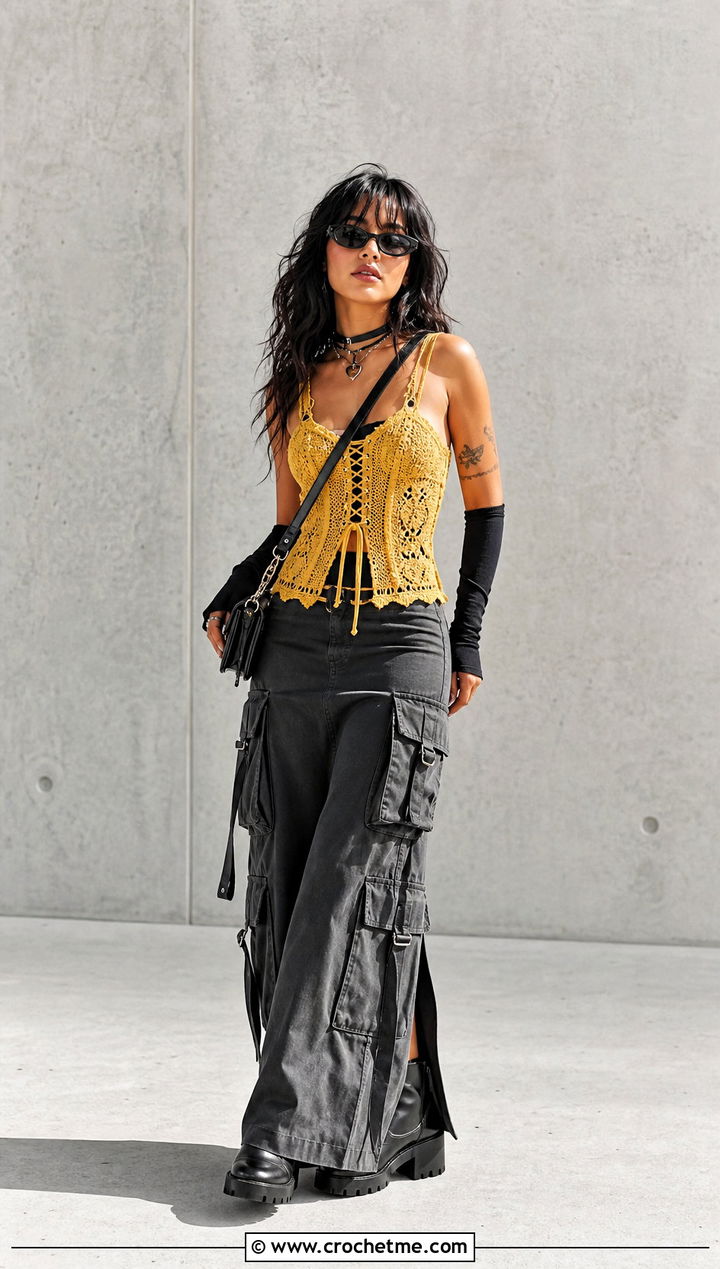 Lace Up Corset Crochet Fairy Grunge Top With Cargo Maxi Skirt - 20 Crochet Fairy Grunge Top outfit ideas